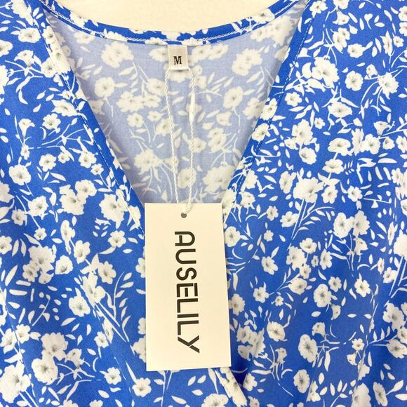 Auselily Women's NWT V-Neck Maxi Fit & Flare Dress Size S-M Blue White Floral - Picture 3 of 7